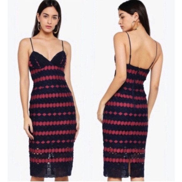 Bardot Dresses & Skirts - Bardot Navy Burgundy Diamond Lace Spaghetti Strap Bodycon Dress Size Medium